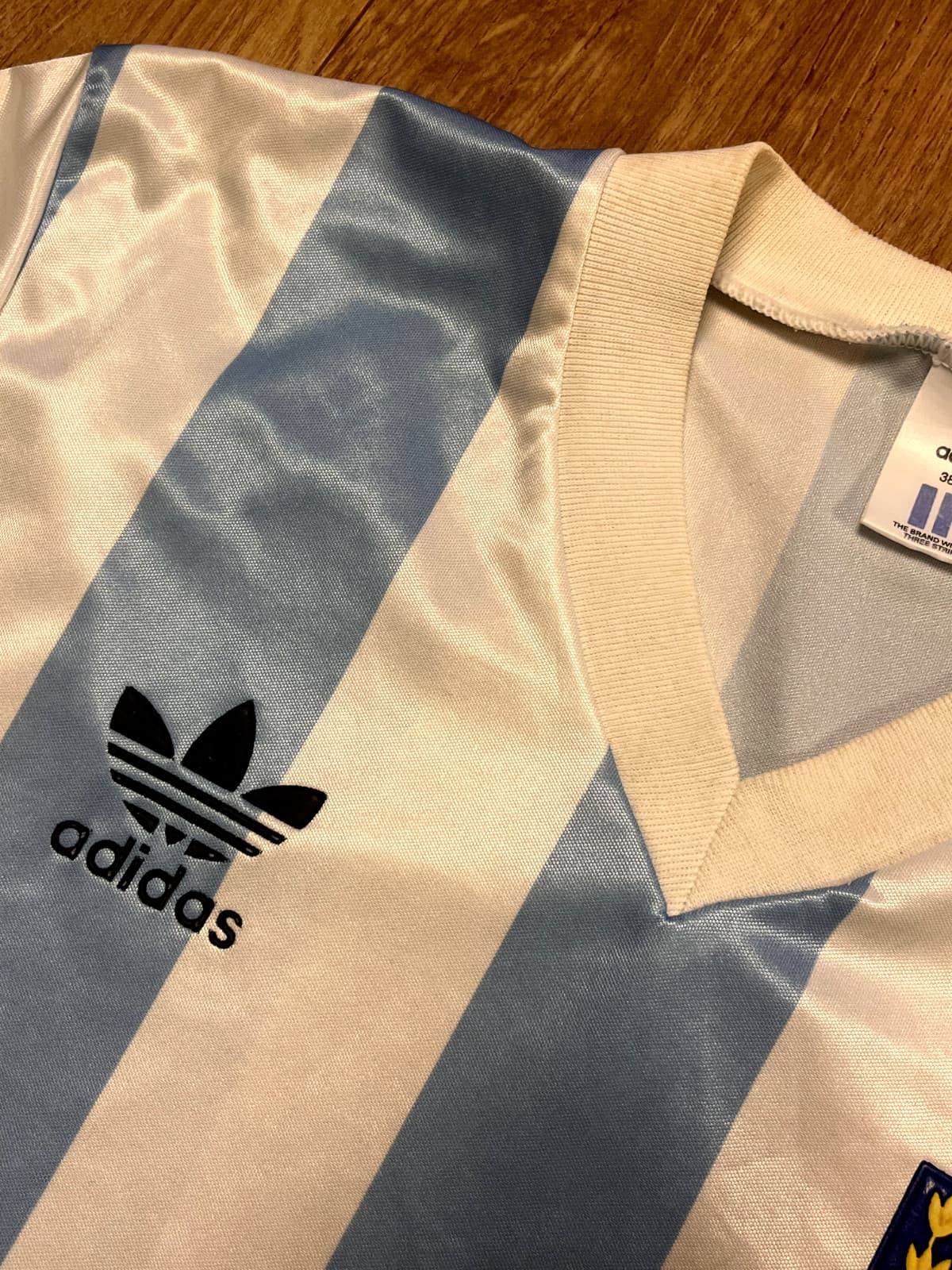 Argentina 1990 World Cup home shirt, close-up of the Adidas logo and collar